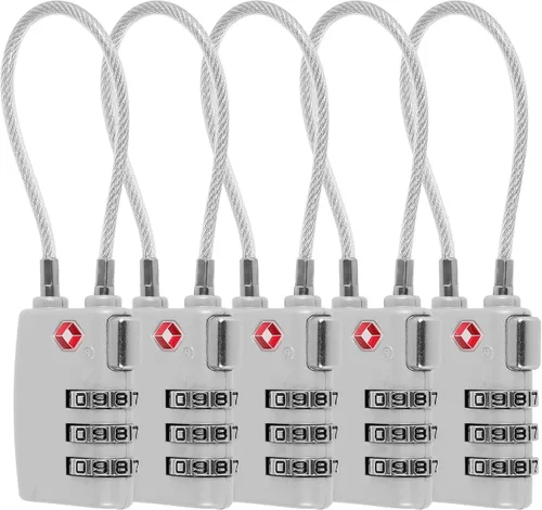 Paquete de 5 cerraduras TSA para equipaje, aprobadas por la TSA, combinación de 3 dígitos, candados de viaje de la TSA, candados de cable Plateado