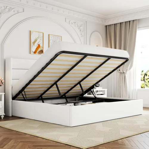Miniatura 20 de Allewie Cama de Almacenamiento Elevable Tamaño Completo, Cabecero Capitonado con Botones con Respaldo de Ala, Soporte Hidráulico, No Necesita Gris