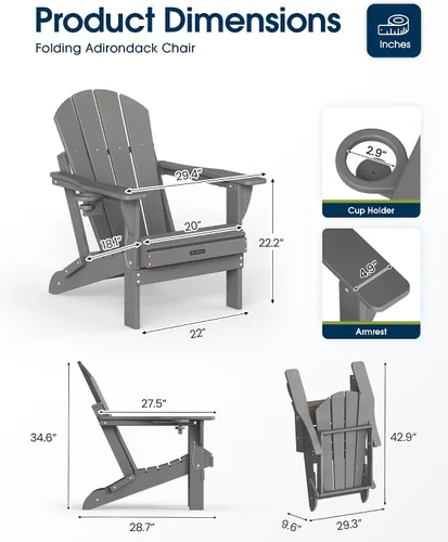 Miniatura 3 de MUCHENGHY Sillas Adirondack Plegables, Sillas de Patio, Sillas de Césped, Silla para Exteriores, Silla Adirondack de Plástico, Pozo de Fuego, Gris