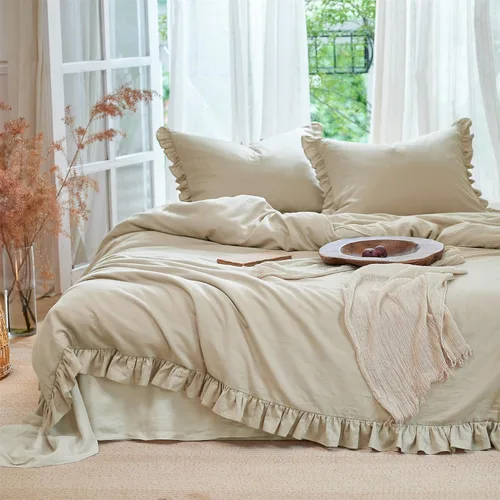 Miniatura 13 de Simple&Opulence Juego de funda de edredón de algodón de lino con volantes, 3 piezas, ropa de cama con textura suave con bordes decorativos