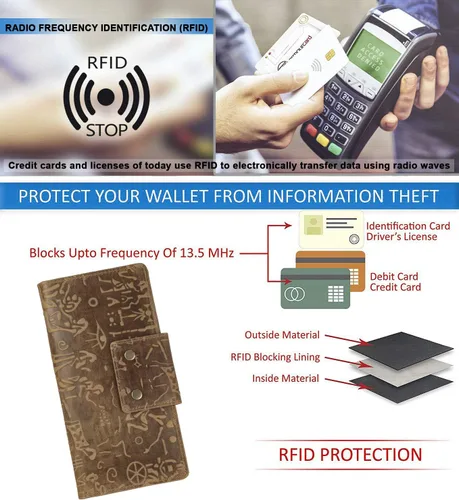 Miniatura 7 de Mou Meraki Cartera larga con bloqueo RFID de cuero genuino - Vintage Bifold para hombres (COGNAC antiguo)