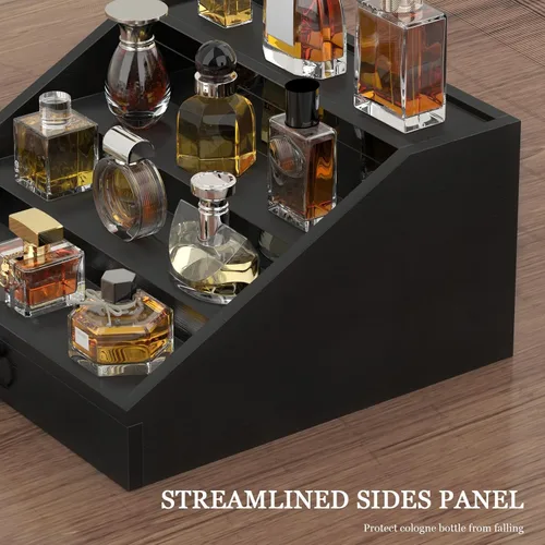 Miniatura 4 de upcessory Organizador de colonia de madera para hombres, estante mejorado de colonia de 4 niveles, organizador de perfumes con cajón forrado