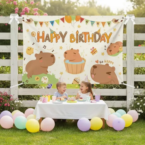 Miniatura 3 de Capybara - Telón de fondo de cumpleaños de 6 x 3.6 pies – Cartel grande de poliéster divertido para decoración de fiesta con ojales de metal y cinta