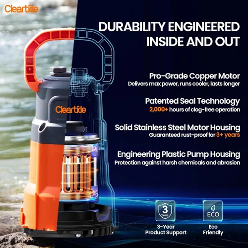 Miniatura 4 de Cleartide Bomba de sumidero sumergible, bomba de agua utilitaria de 1/4 HP para drenaje de piscinas, jacuzzi, sótano, motor 100% de cobre, bomba