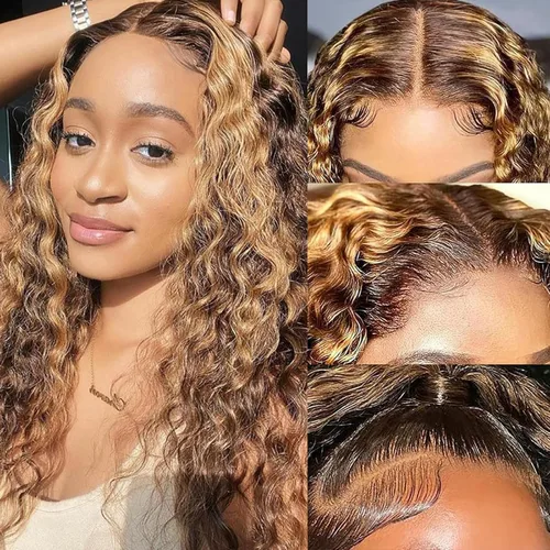 Miniatura 45 de SENSAIRUITE Peluca Rizada Ombré con Reflejos Rubio Miel Peluca con Diadema Cabello Humano 12 Pulgadas Onda Profunda Densidad 180% Pelucas