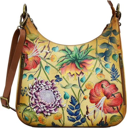 Anuschka Hobo delgado convertible de cuero genuino pintado a mano para mujer con correa cruzada entrada superior con cremallera múltiples bolsillos