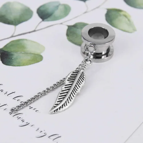 Miniatura 2 de ZS Vintage Moon Dangle Ear Tunnels Plug Stainless Steel Screw Ear Gauge Feather Chain Ear Expander Flesh Tunnels Piercing