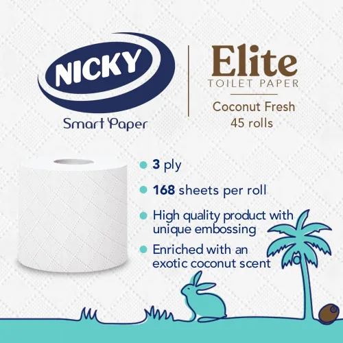 Miniatura 2 de Nicky Elite Coconut Fresh - Papel higiénico con 45 rollos de papel higiénico blanco, 168 hojas por rollo, 3 capas, aroma exótico de coco, suavidad