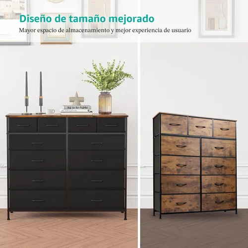 Miniatura 5 de VASICAR Cómoda para dormitorio con 12 cajones, cómoda alta de tela, cómoda compacta para armario, guardería, mesita de noche, sala de estar, Negro