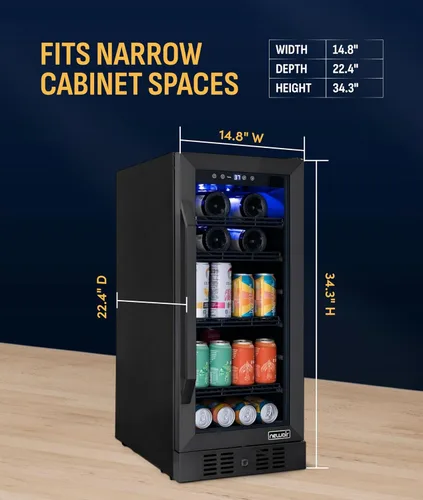 Miniatura 4 de NewAir Refrigerador de bebidas y vino de zona única de 15 pulgadas, refrigerador de bebidas y vino para 33 botellas/80 latas, mini refrigerador