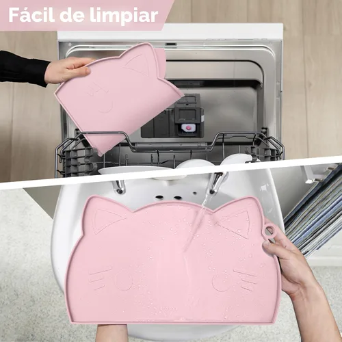 Miniatura 6 de Coomazy Tapete para comida y agua para gatos, alfombrilla de silicona antideslizante más gruesa con borde elevado (rosa, mediano)
