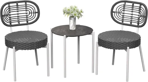 GarveeLife - Juego de 3 piezas de muebles de mimbre para patio estilo bistró, sillas de comedor para exteriores, incluye 2 sillas de ratán y mesa de