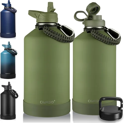 Miniatura 13 de CIVAGO Botella de agua aislada de 22 onzas con pajita, frasco de agua deportiva de acero inoxidable con 3 tapas
