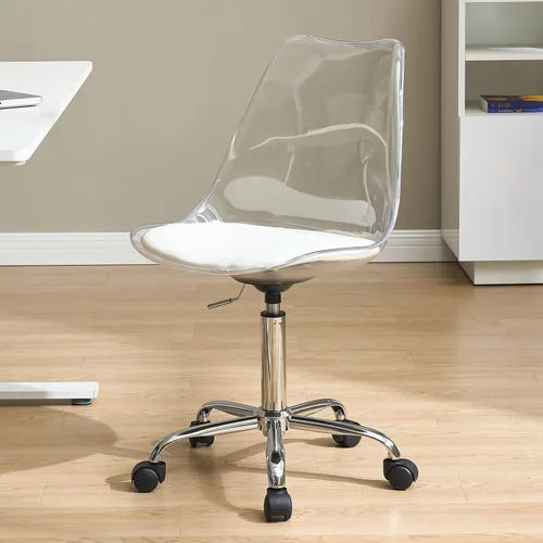 Lessmore Silla de escritorio de acrílico transparente con cojín de piel sintética, silla ajustable de oficina en casa con ruedas, silla de tocador