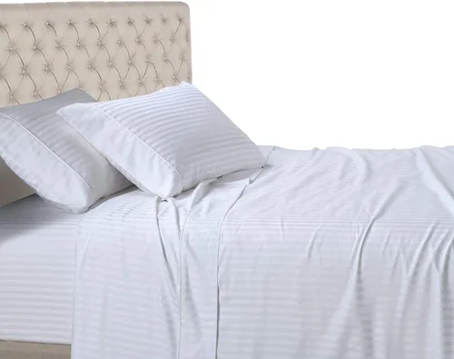 Miniatura 17 de Royal Hotel Bedding Sábanas a rayas de 600 hilos, juego de sábanas de 4 piezas, 100% algodón, rayas de satén, bolsillo profundo, tamaño Queen, azul