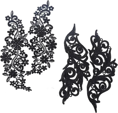 Miniatura 8 de GORGECRAFT 2 pares de parches de flores negras para ropa, apliques bordados, ramo de rosas bohemias, parches para coser, vestidos de novia, cuello