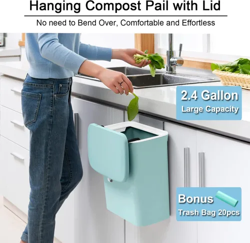 Miniatura 2 de Tiyafuro - Bote de compostaje de cocina de 2,4 galones para encimera o debajo del fregadero, cubo de basura pequeño colgante con tapa para Azul