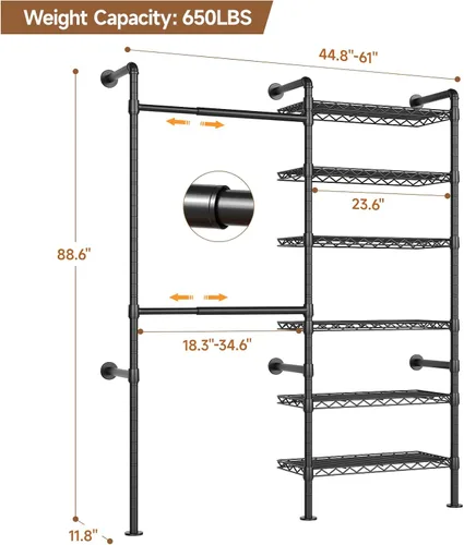 Miniatura 2 de ComfyCorner Perchero para colgar en la pared, perchero industrial de metal con 2 varillas expandibles para colgar y 6 estantes, organizadores
