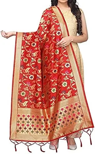 Indian Hawker Dupatta - Banarasi Kora - Seda tradicional floral con Jhalar Dupatta