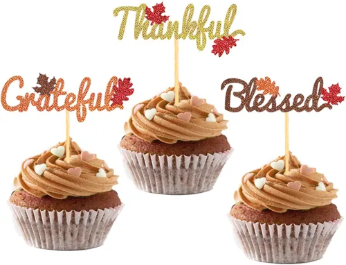 Miniatura 8 de 24 adornos de otoño para cupcakes para decoración del día de Acción de Gracias, lazo con purpurina para pasteles Thankful Blessed Grateful