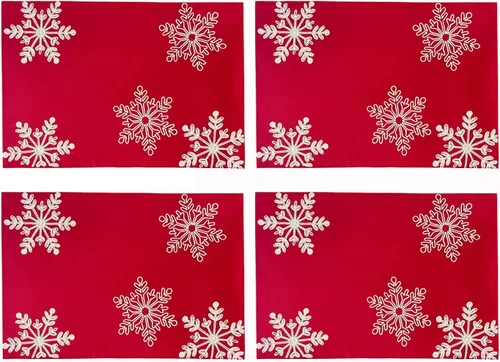 Fennco Styles Juego de 4 manteles individuales bordados con copos de nieve de 13 pulgadas de ancho x 19 pulgadas de largo, color rojo para