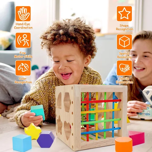 Miniatura 5 de HELLOWOOD Juguetes Montessori para niños de 1 año en adelante, cubo clasificador de madera con 8 formas de traqueteo, juguetes de aprendizaje
