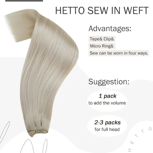 Miniatura 4 de Hetto - Extensiones de cabello humano de trama color rubio platino, 12 pulgadas, 2.47 onzas, #60 Coser en trama, volumen natural diario, suave