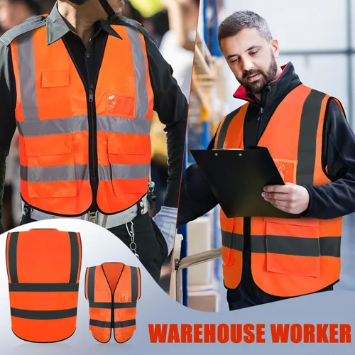 Miniatura 7 de Leumoi Paquete de 30 chalecos de seguridad reflectantes con bolsillos y cremallera de alta visibilidad para mujeres y hombres para el trabajo Naranja