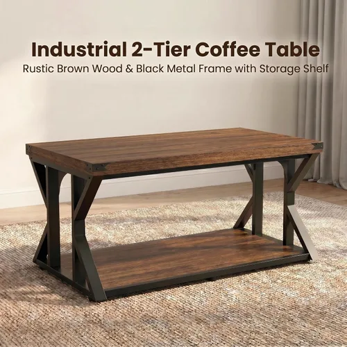 Miniatura 6 de Mesa auxiliar industrial de 43 pulgadas, mesa central rectangular de 2 niveles con estante de almacenamiento, mesa de cóctel de madera y metal