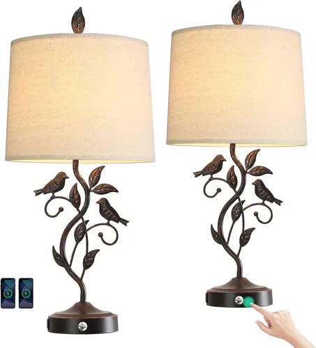 Miniatura 10 de Lámparas de Mesa Táctiles Estilo Granja de 27" para Sala de Estar con Regulación de 3 Niveles, 2 Puertos USB, Lámpara de Mesita de Noche Vintage
