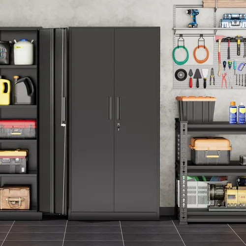 Miniatura 2 de INTERGREAT Armario de almacenamiento de garaje con puertas y estantes, gabinetes de almacenamiento de metal con cerradura, gabinete de suministro