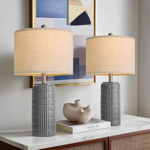 PoKat Juego de 2 lámparas de mesa de cerámica gris oscuro de 23 pulgadas para sala de estar, lámparas de noche modernas para dormitorio, lámpara de