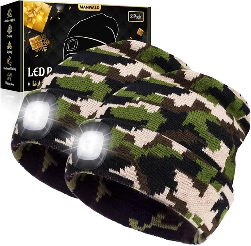 MANWALD Gorro LED con luz, linterna LED recargable por USB, regalos para Navidad, rellenos de calcetines para hombres, Camouflaje, Grande