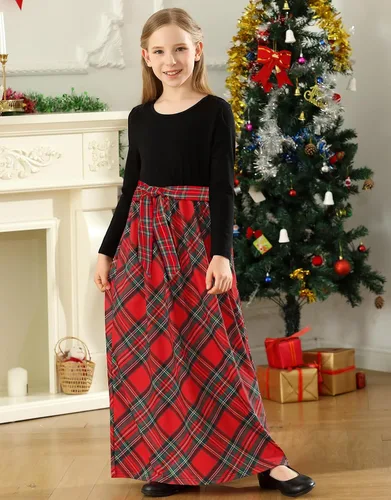 Miniatura 5 de KYMIDY - Vestido largo para niña, casual, a cuadros estilo Buffalo, de manga larga, con bolsillos (para niñas de 6 a 14 años)