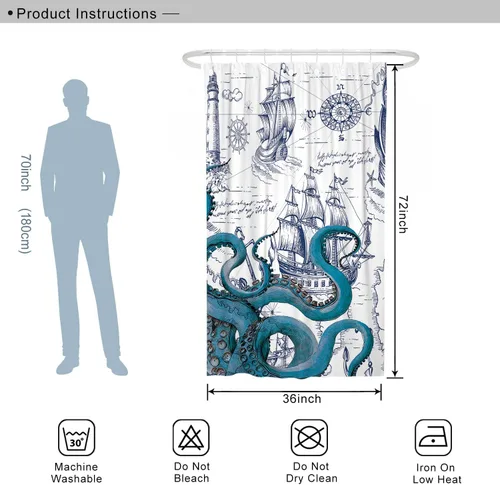 Miniatura 7 de Juego de cortina de ducha pequeña de pulpo náutico azul, divertidas cortinas de ducha estilo kraken de océano para baño, decoración de mapa pirata