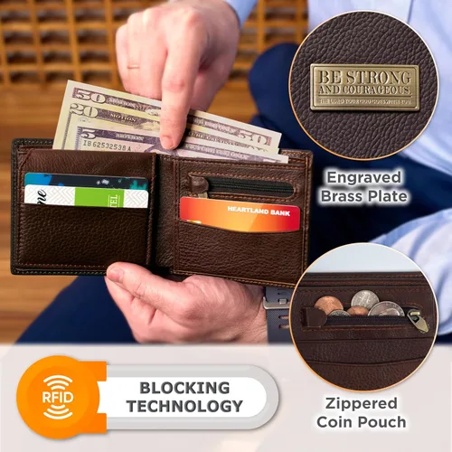 Miniatura 2 de Christian Art Gifts Cartera de cuero genuino para hombre Fuerte y valiente con incrustaciones de latón " Deuteronomio 316 versículo de la Biblia