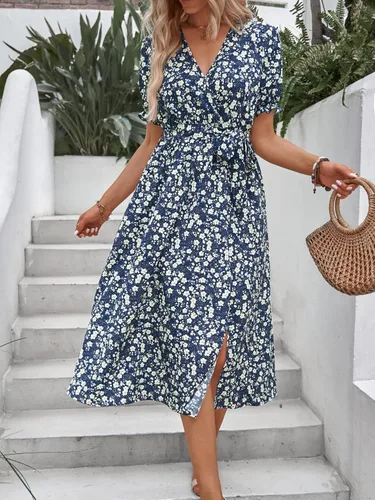 Miniatura 6 de MakeMeChic Vestido midi de verano con cuello en V y mangas abombadas florales para mujer con cinturón