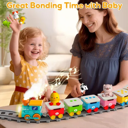 Miniatura 5 de Juguetes de tren de animales de granja para niños de 2 a 4 años, juego de tren eléctrico para niños con música, vapor y luces, juguetes