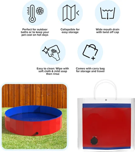 Miniatura 4 de PETMAKER - Piscina portátil para perros grandes, bañera plegable de plástico con drenaje y bolsa de transporte para mascotas y juegos en el patio