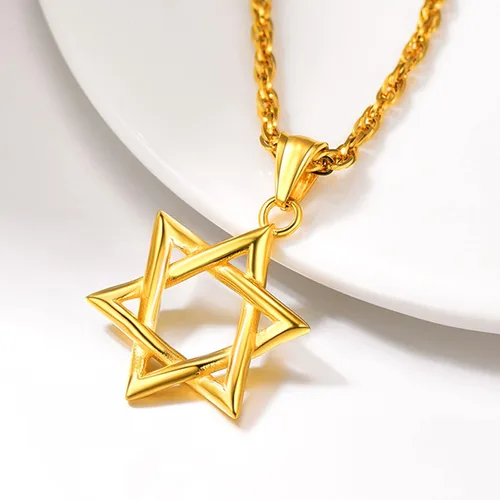 Miniatura 101 de U7 - Collar con Estrella de David para hombres y mujeres, dije hexagonal de acero inoxidable con cruz/piedra de rubí/collares clásicos judíos