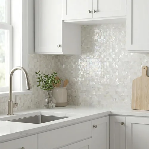 Miniatura 2 de 1 - Hoja de Azulejos de Conchas de Perla para Despegar y Pegar, Azulejos Autoadhesivos para Pared para Cocina, Baño, Dormitorio en Blanco Natural
