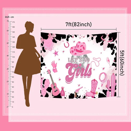 Miniatura 4 de Mocsicka Telón de fondo de disco de vaquera rosa con texto en inglés "Let's Go Girls", pancarta de cumpleaños para despedida de soltera, fin