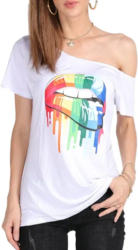 Miniatura 46 de MAGICMK - Camiseta casual para mujer, con estampado de labios y hombro descubierto, talla extragrande