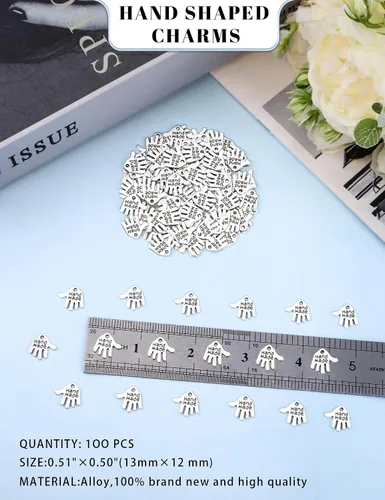 Miniatura 2 de JIALEEY 100 dijes en forma de mano hechos a mano, letreros tallados en tono plateado para hacer joyas de moda, hallazgos, manualidades, costura