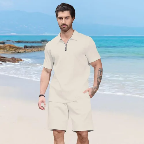 Miniatura 2 de Aulemen Conjunto deportivo de 2 piezas con cremallera para hombre, manga corta, camiseta polo y pantalones cortos, conjuntos de verano para hombre