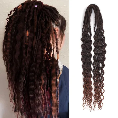 Miniatura 22 de Extensiones de rastas trenzadas bohemias de 24 pulgadas, 10 hebras de rastas sintéticas rizadas color marrón degradado con trenza de caja, rastas