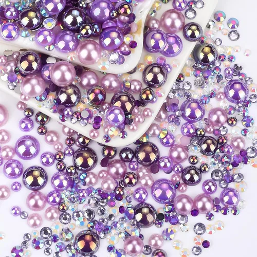 Miniatura 49 de 60g de Perlas Acuamarina Dorada con Diamantes de Imitación para Manualidades Tamaño Mixto 3mm-10mm Color AB Redondas Perlas Medias Planas Conjunto