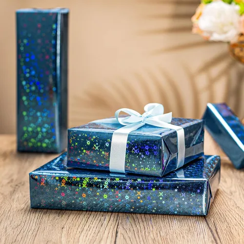 Miniatura 2 de Merture - Rollo de papel de regalo holográfico azul, papel de regalo azul con diseño de galaxia brillante para cumpleaños, baby shower, Navidad, día