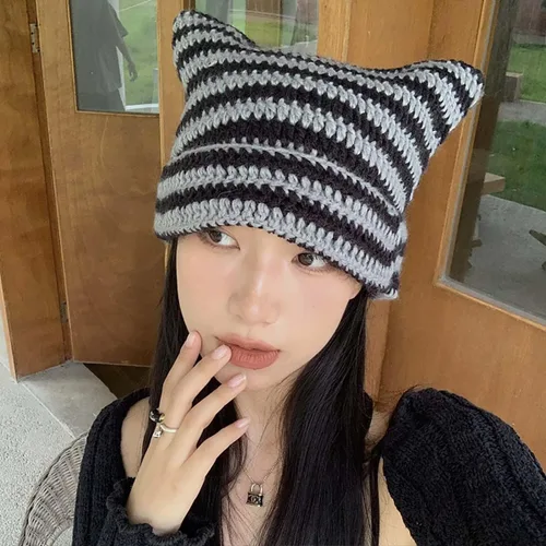 Miniatura 2 de Lindo gorro de punto para mujer, suéter de lana cálida para otoño e invierno con protección para orejas de gato