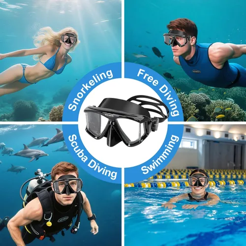 Miniatura 5 de Máscara de buceo para adultos, máscara de esnórquel de vidrio templado antivaho con cubierta para la nariz, gafas de natación panorámicas de 180°